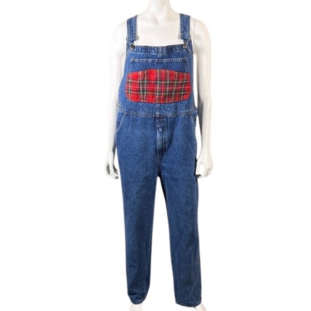 North West Blue Womens Denim Overalls Plaid Accents Blue Red Sz Large L RN 88972